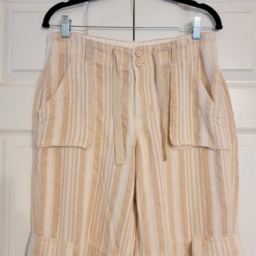 Linen-Blend Wide Leg Cargo Pants in Beige Stripe - Picture 4 of 8